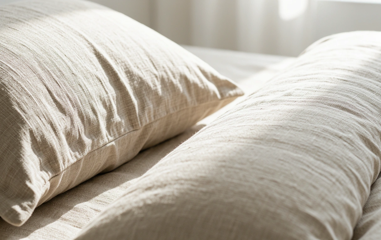 Textur von hochwertiger Bettwäsche im Morgenlicht